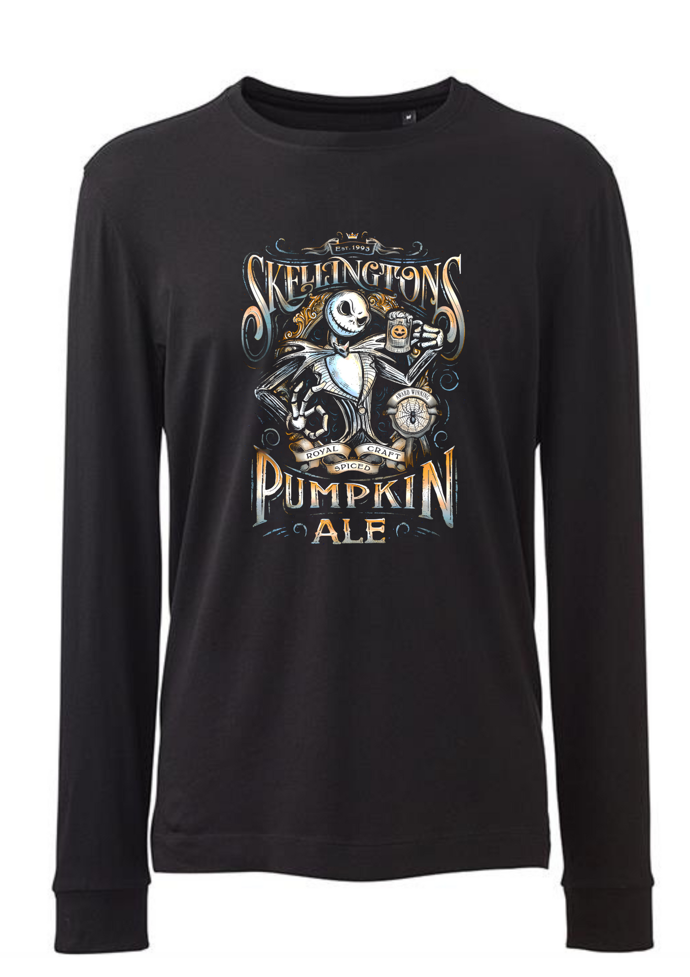 Black Long Sleeved Skellingtons Pumpkin Ale Unisex Slogan T-Shirt