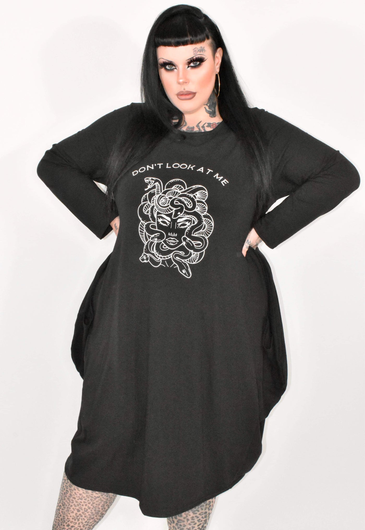 Black "Don't Look At Me" Long Sleeved Pocket Slouch Midi Dress