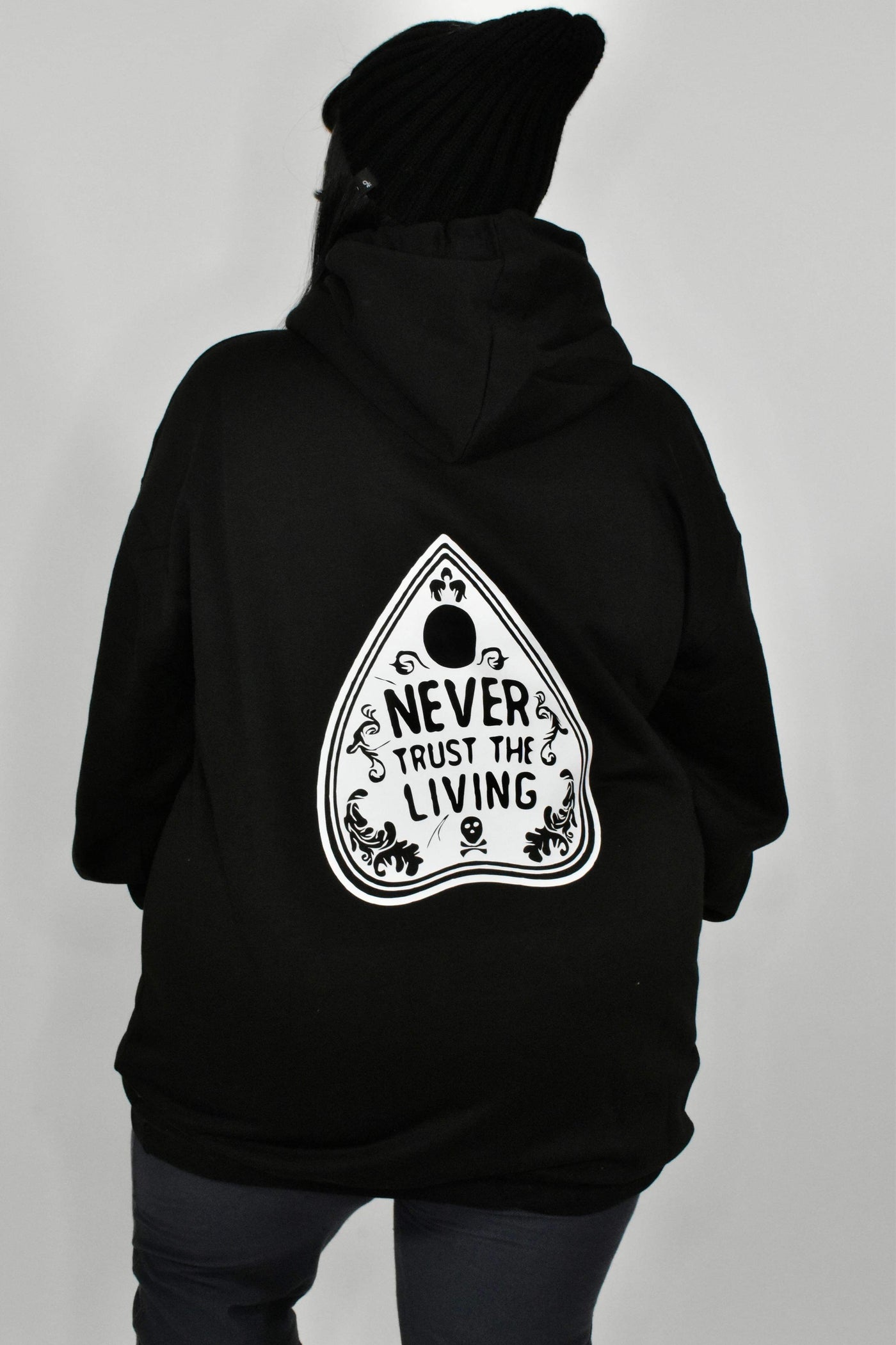 Black Front & Back Printed "Never Trust The Living" Oversized Longline Hoodie