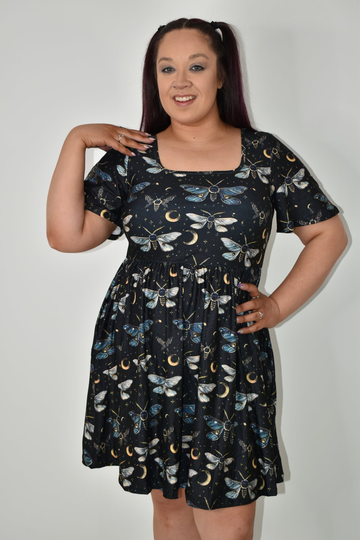 Moonlit Moths Angel Sleeve Skater Dress