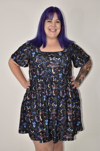 Midnight Mushrooms Angel Sleeve Skater Dress