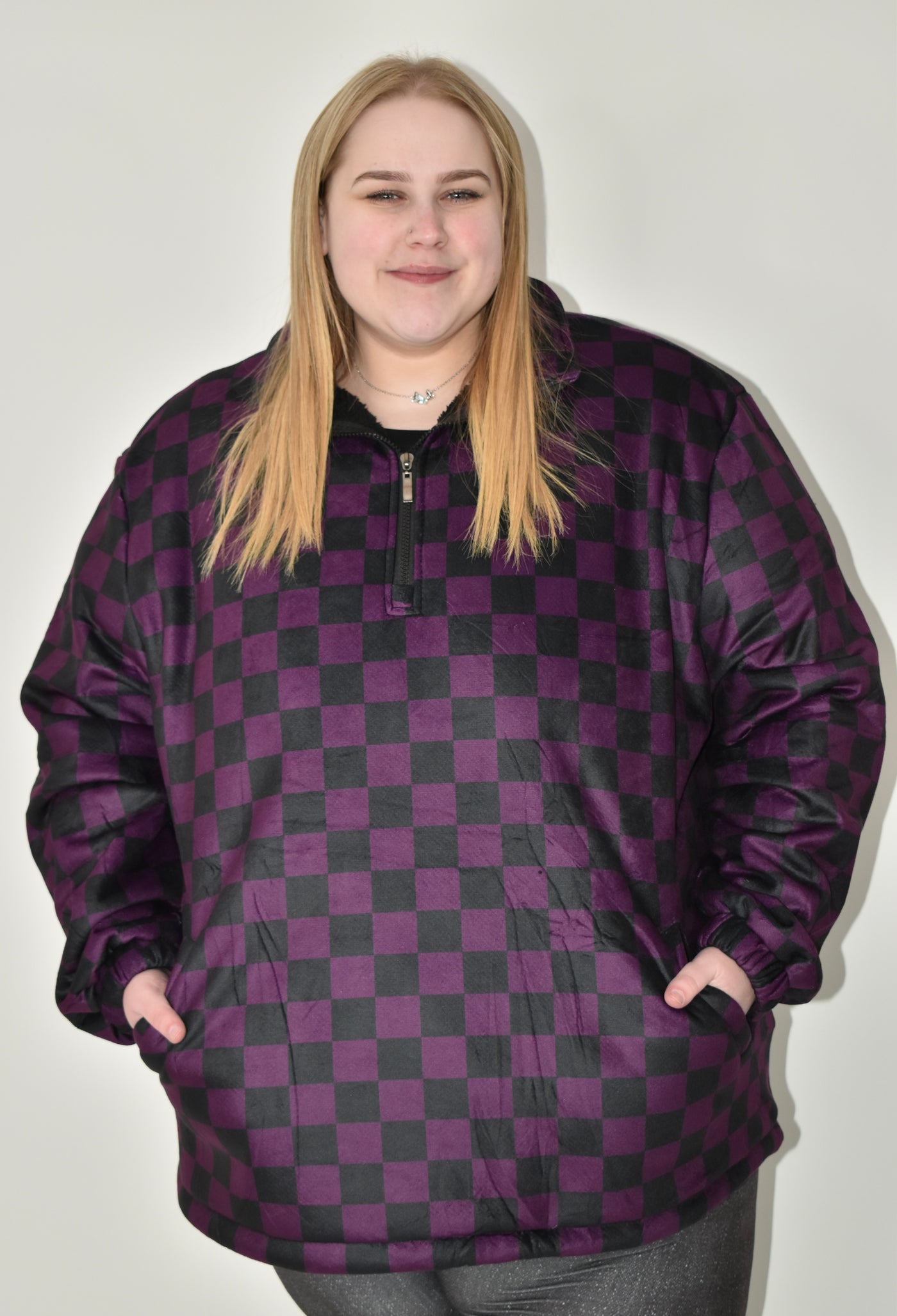 Purple Checkmate  Zip Neck Pocket Fleecie