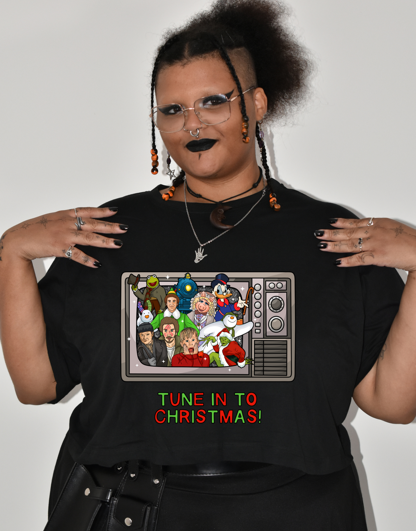 Black "Tune Into Christmas" Unisex Cropped T-Shirt