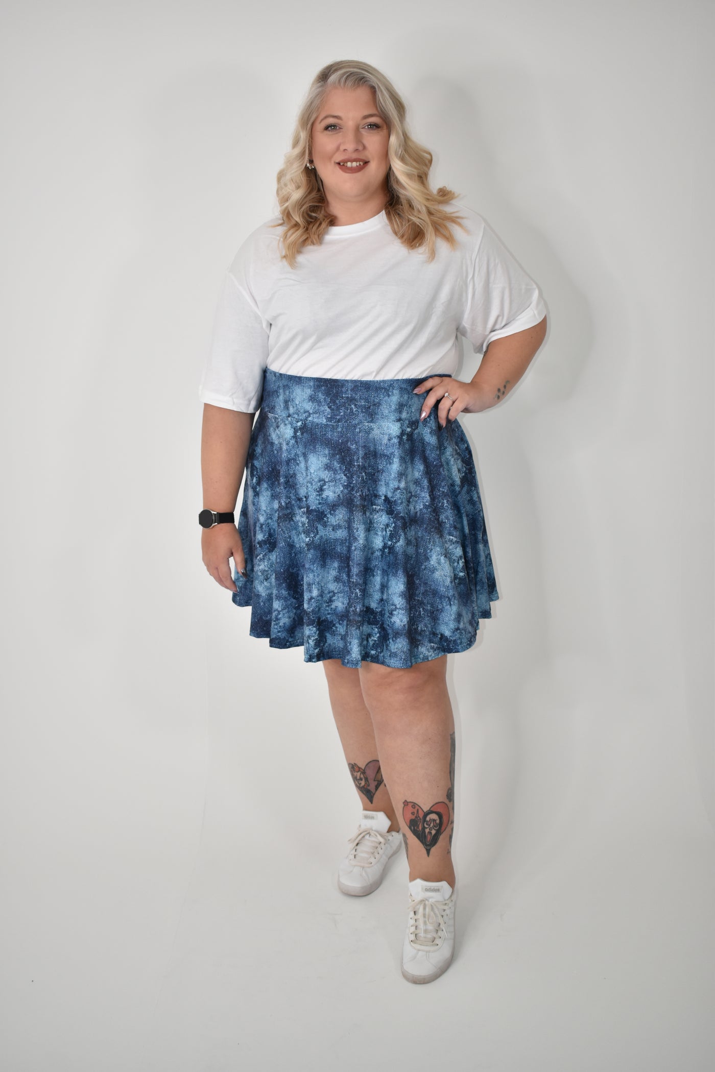 Stone-Washed Denim Look Pocket Skater Skirt