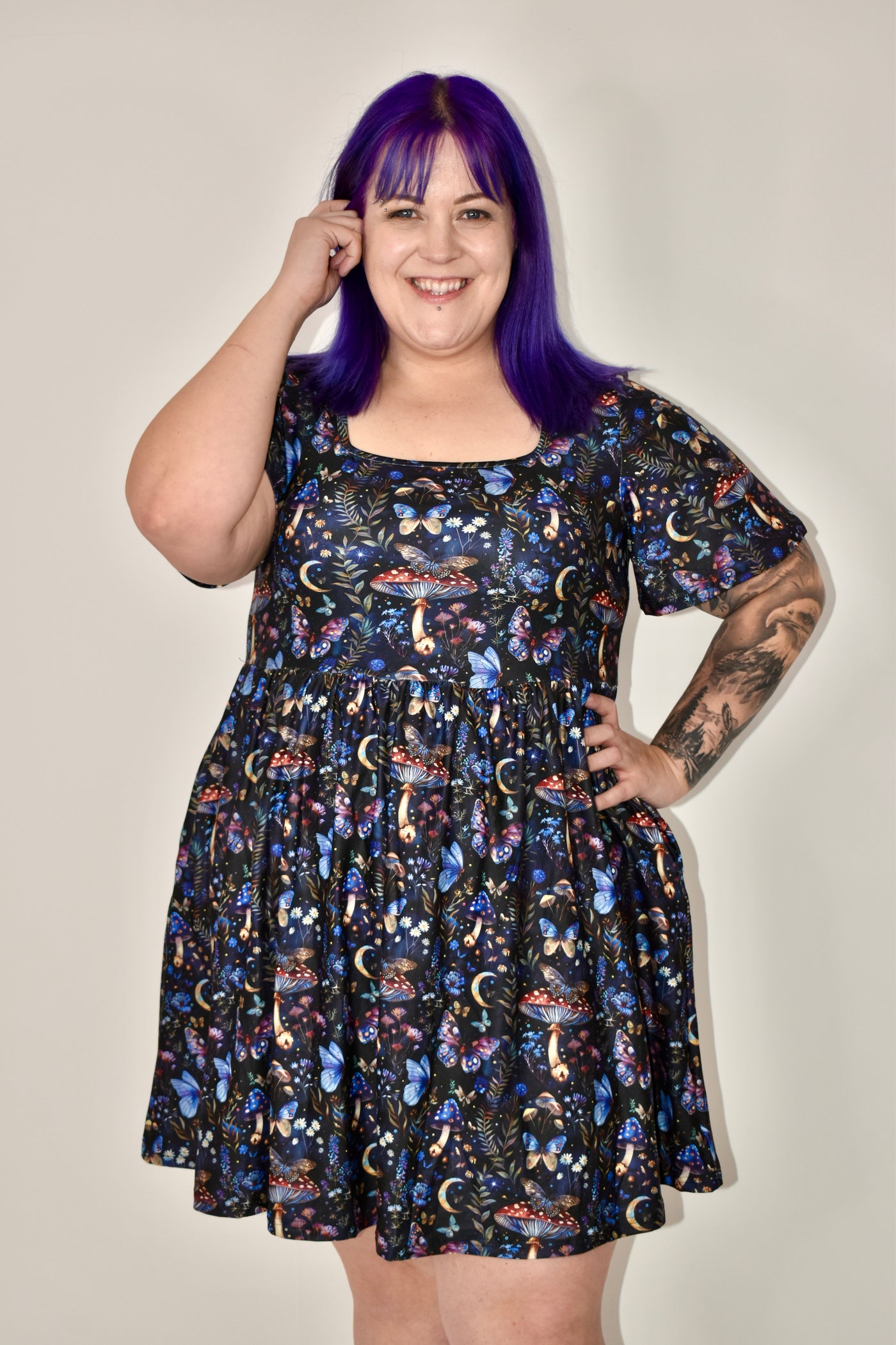 Midnight Mushrooms Angel Sleeve Skater Dress