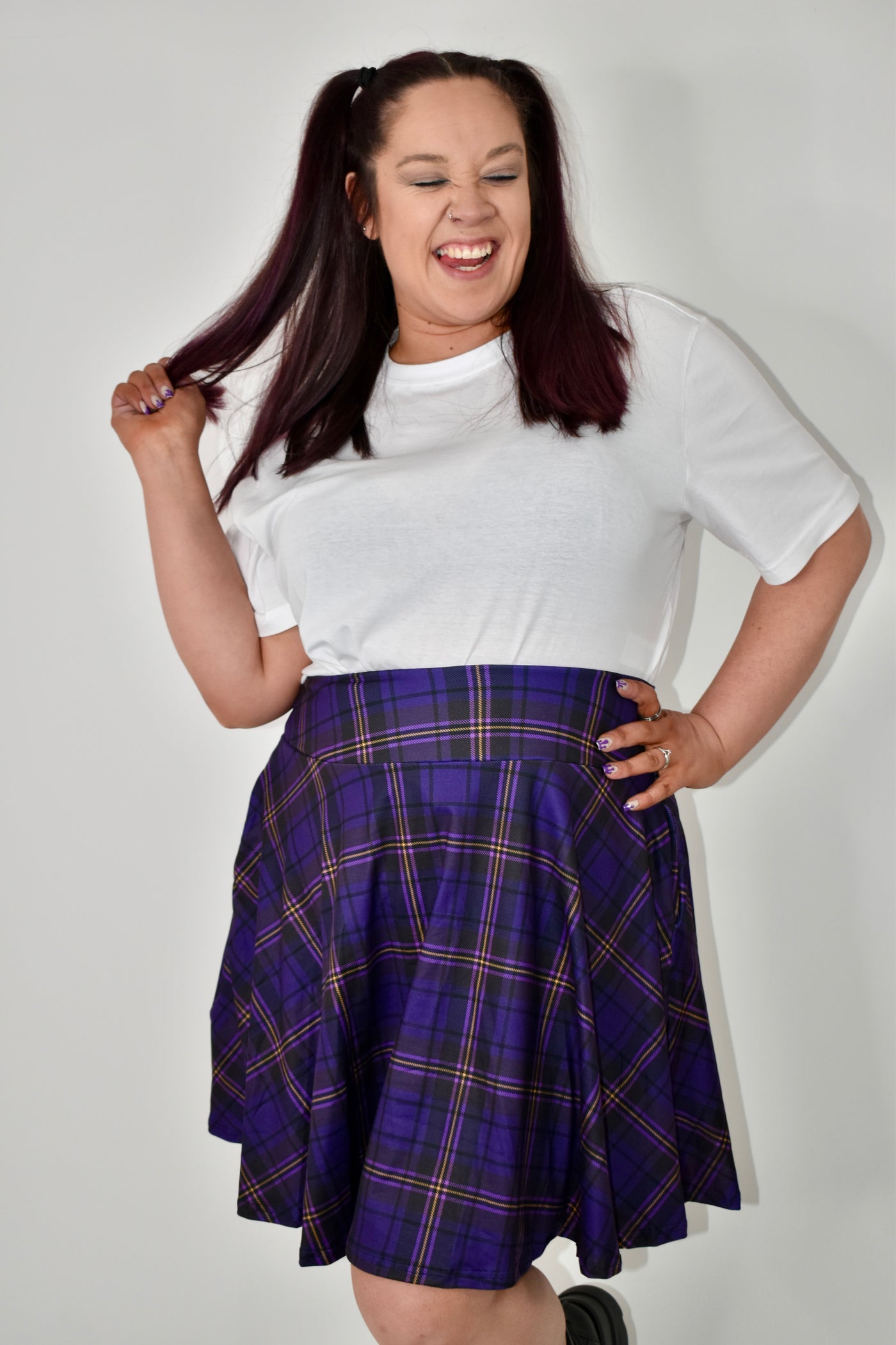 Purple Plaid Pocket Skater Skirt (Additional Size Added)