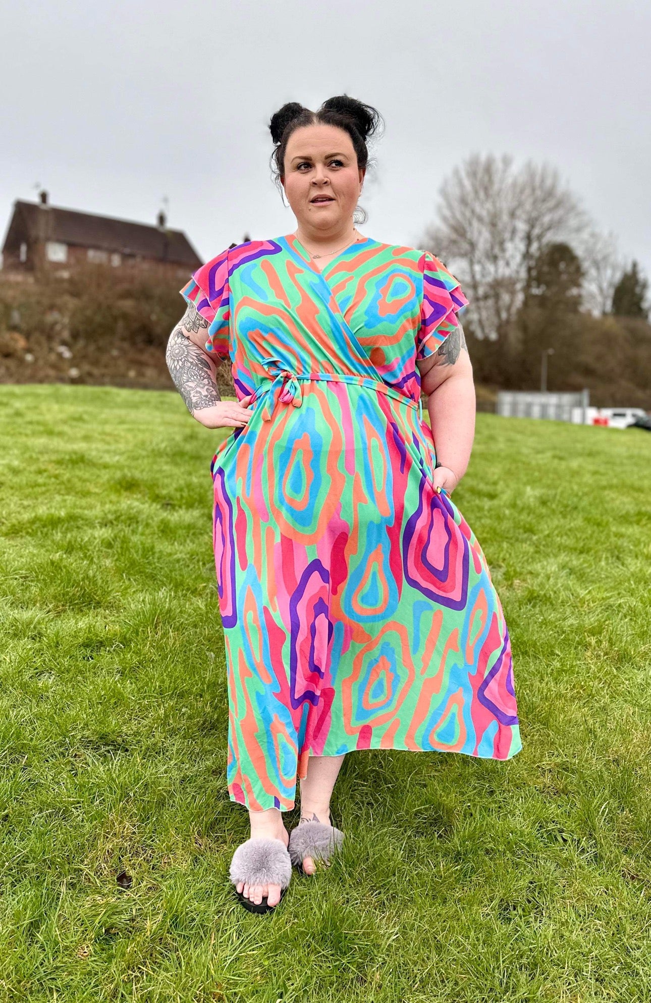 Mock Wrap Multicolour Midaxi Dress