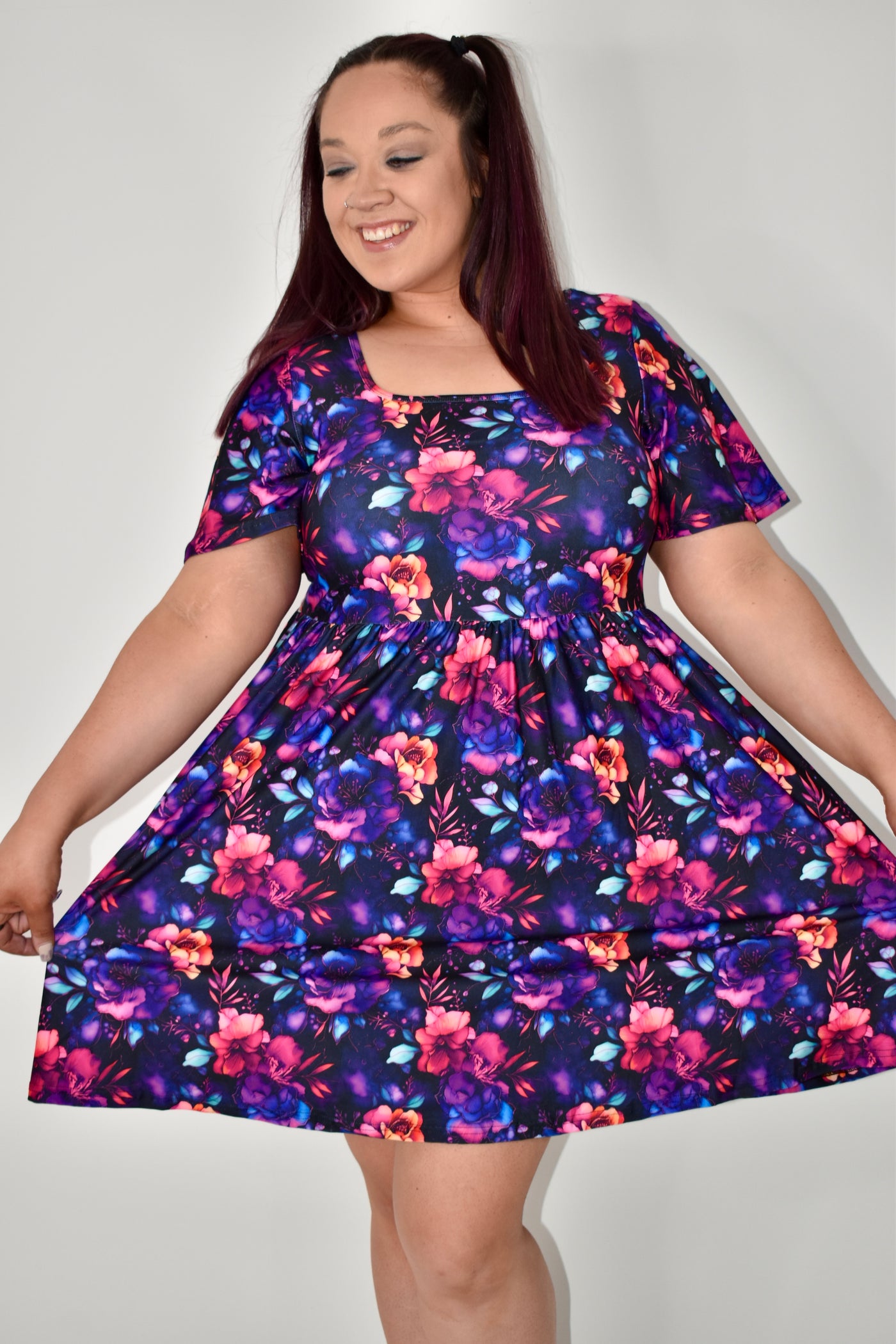 Dark Floral Angel Sleeve Skater Dress