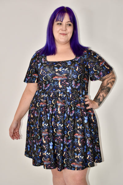 Midnight Mushrooms Angel Sleeve Skater Dress