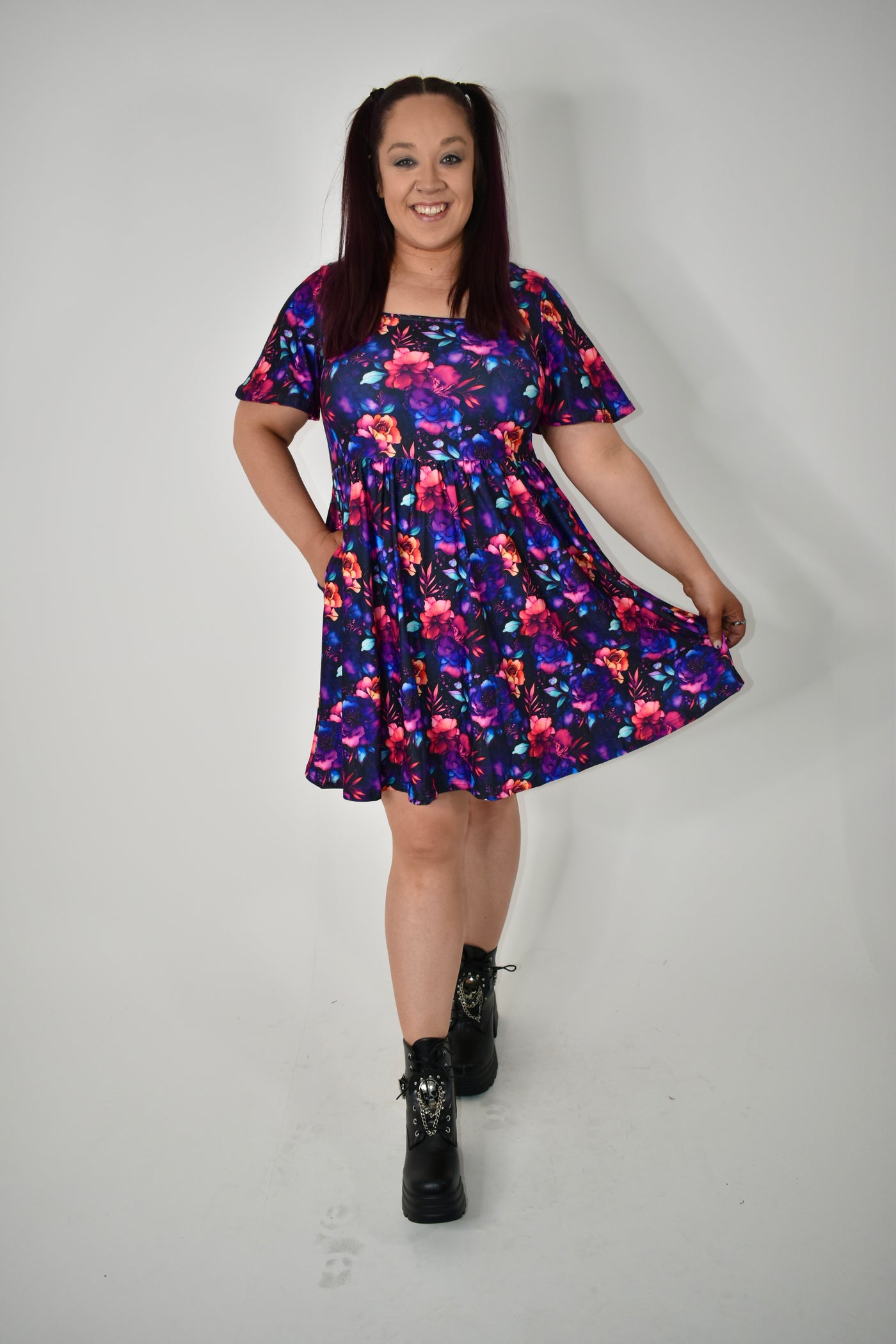 Dark Floral Angel Sleeve Skater Dress