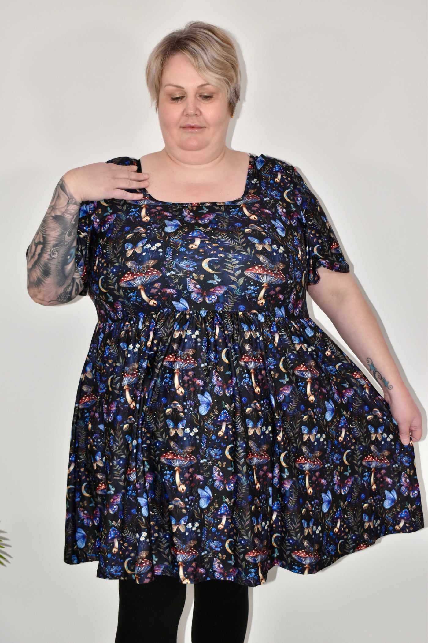 Midnight Mushrooms Angel Sleeve Skater Dress