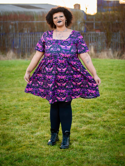 Magenta Moths Angel Sleeve Skater Dress