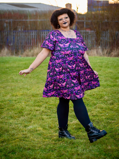Magenta Moths Angel Sleeve Skater Dress
