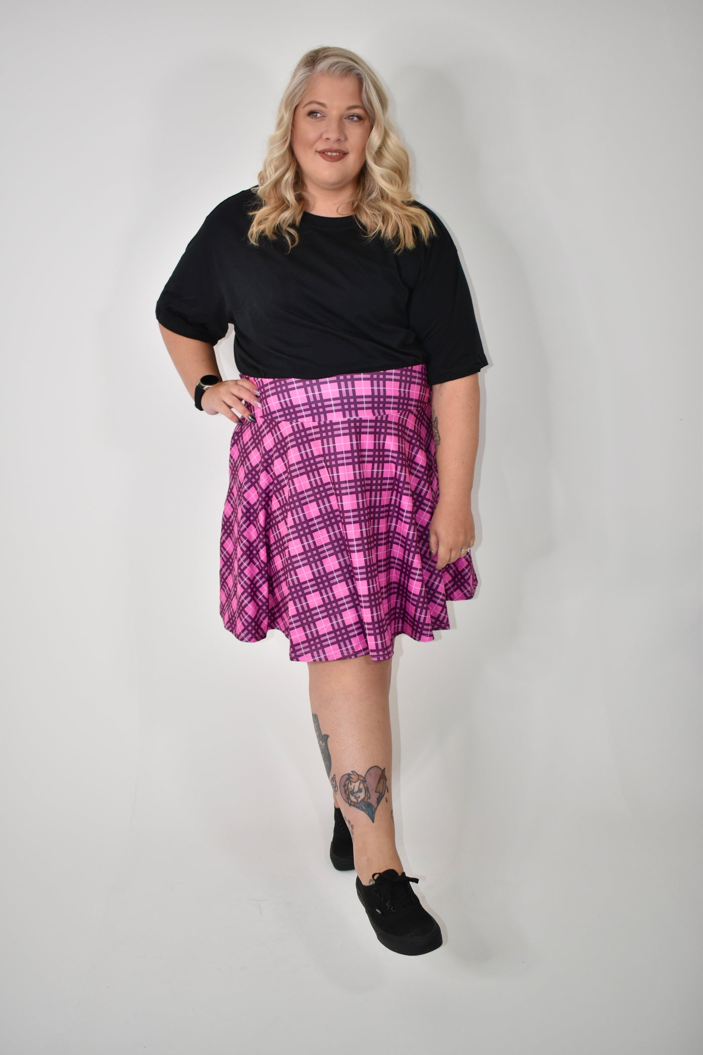 Plaid Skirt Plus Size Pink Skater Skirt Pink Plaid Pocket Skater