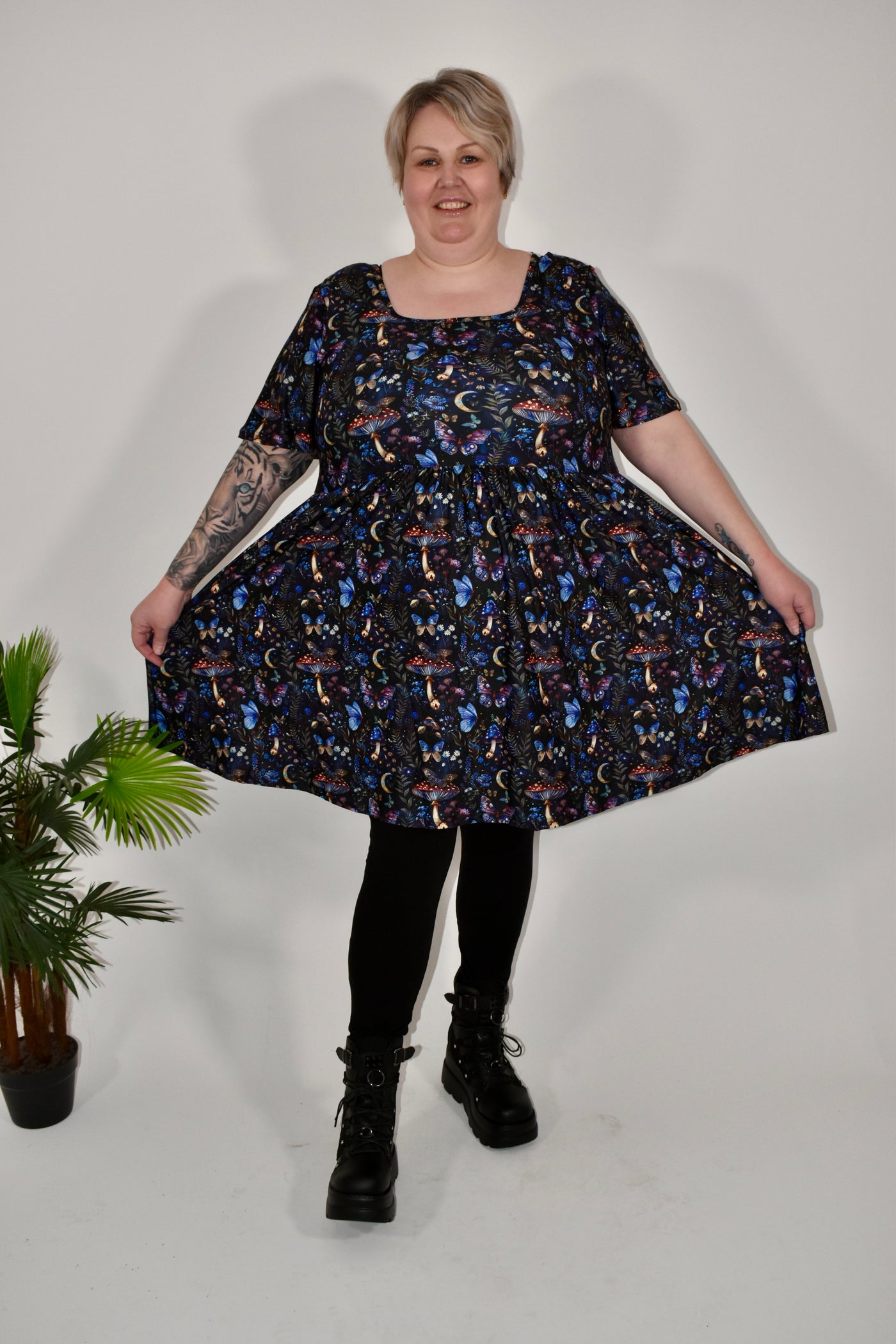 Midnight Mushrooms Angel Sleeve Skater Dress