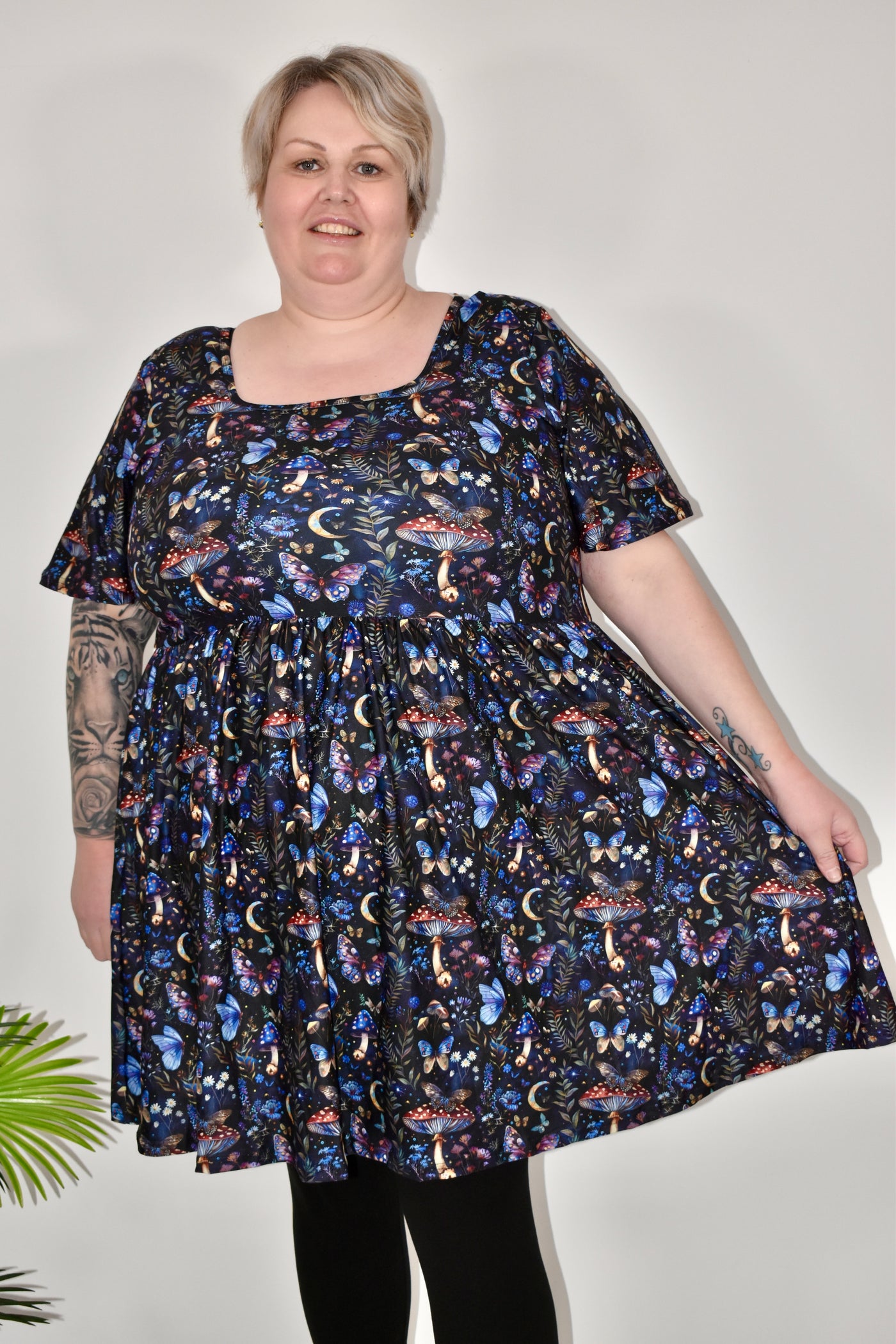 Midnight Mushrooms Angel Sleeve Skater Dress