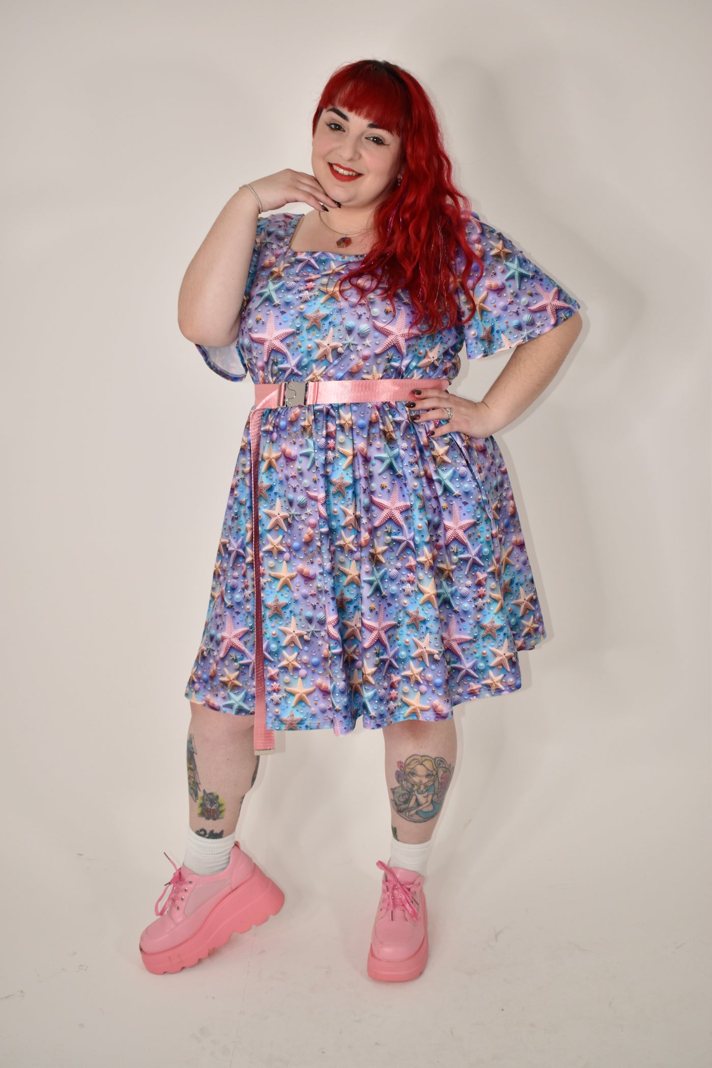 Shimmering Starfish Angel Sleeve Skater Dress