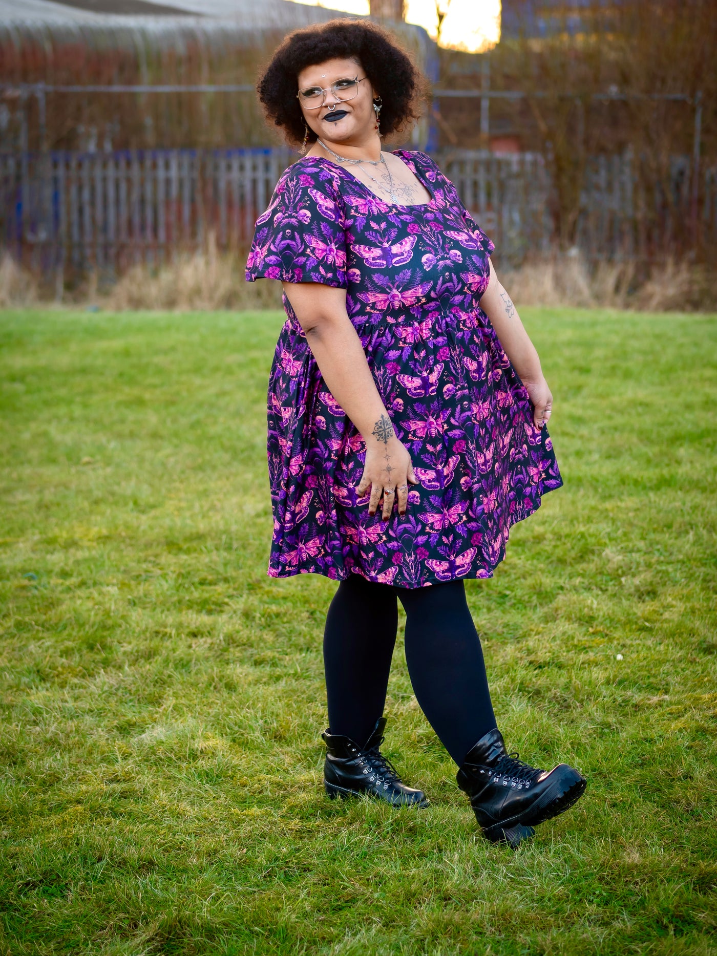 Magenta Moths Angel Sleeve Skater Dress