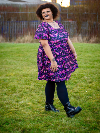 Magenta Moths Angel Sleeve Skater Dress