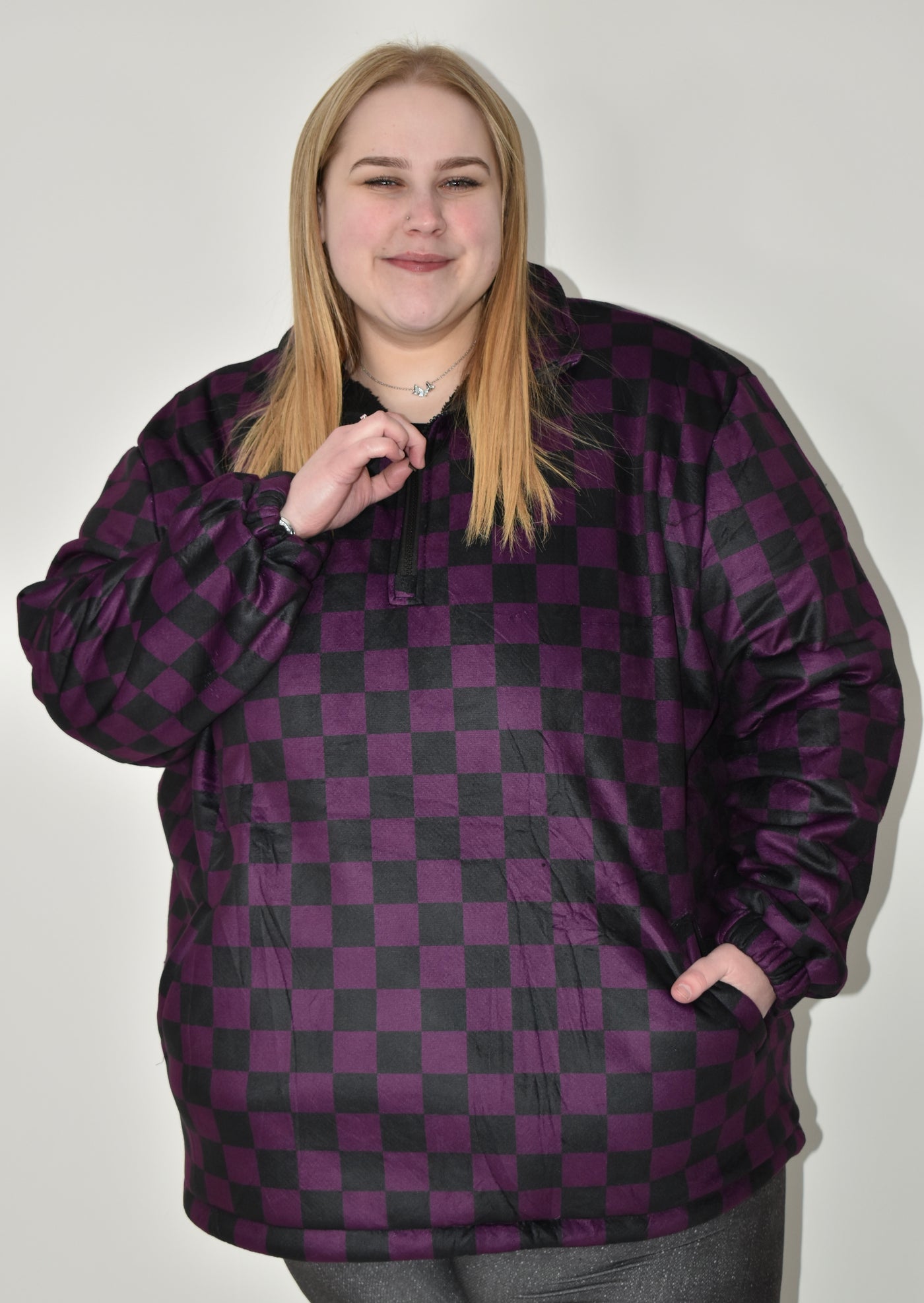 Purple Checkmate  Zip Neck Pocket Fleecie