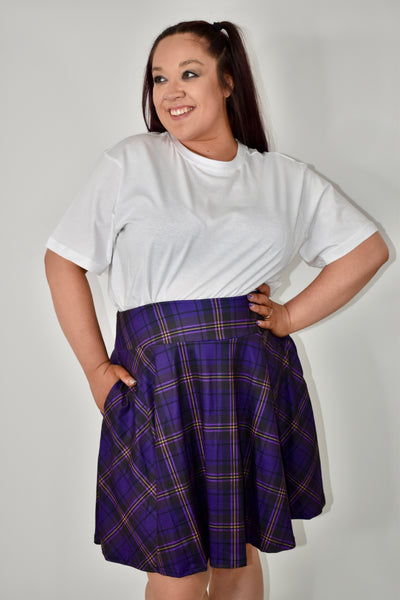 Purple Plaid Pocket Skater Skirt (Additional Size Added)