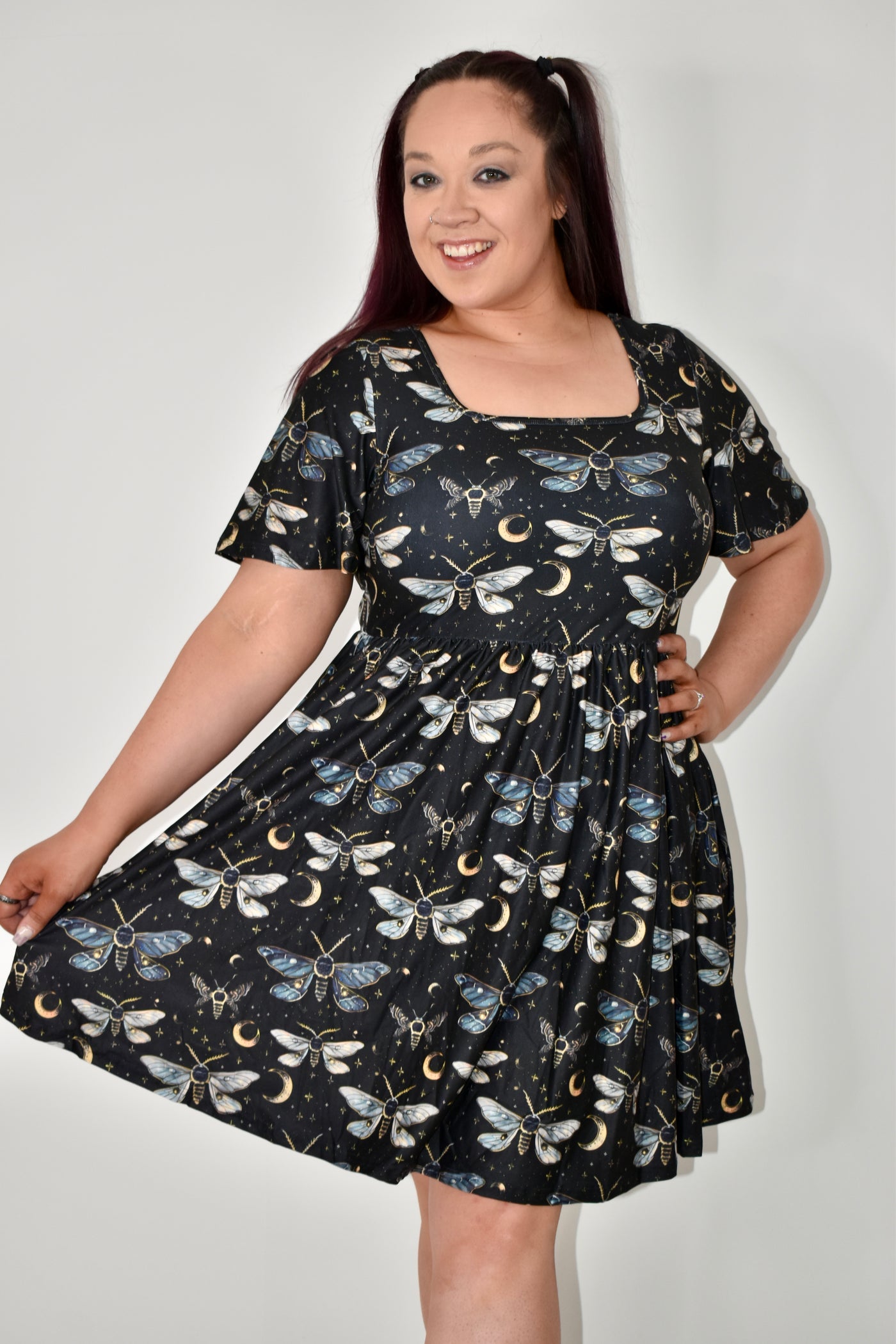 Moonlit Moths Angel Sleeve Skater Dress