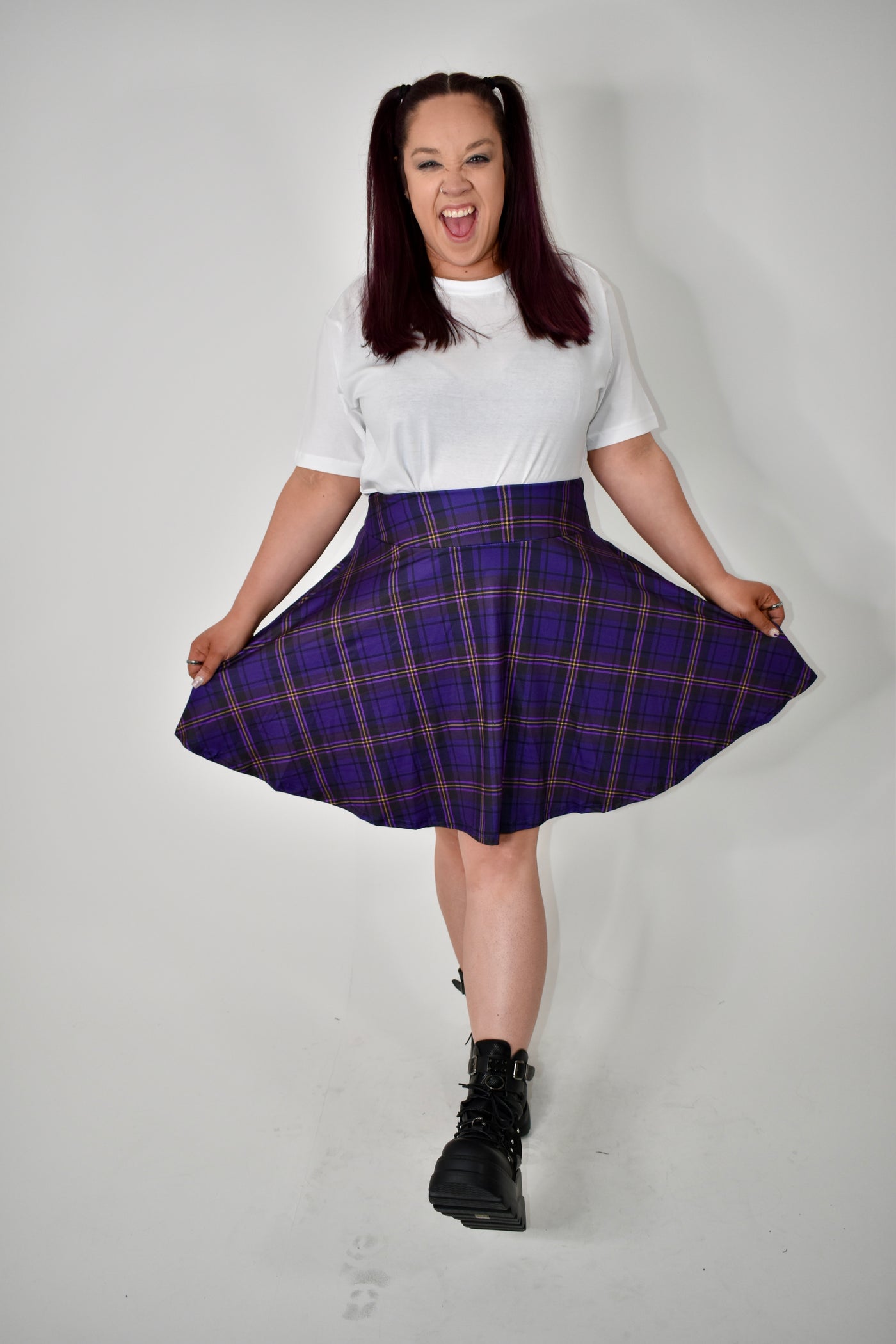 Purple Plaid Pocket Skater Skirt (Additional Size Added)