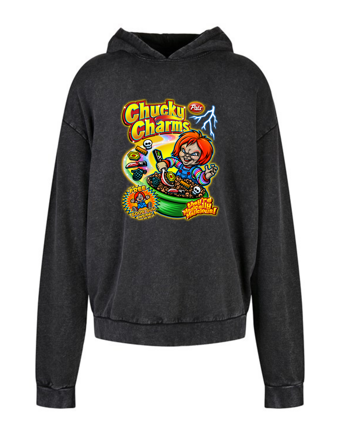 Black "Chucky Charms" Acid Wash Oversized Hoodie
