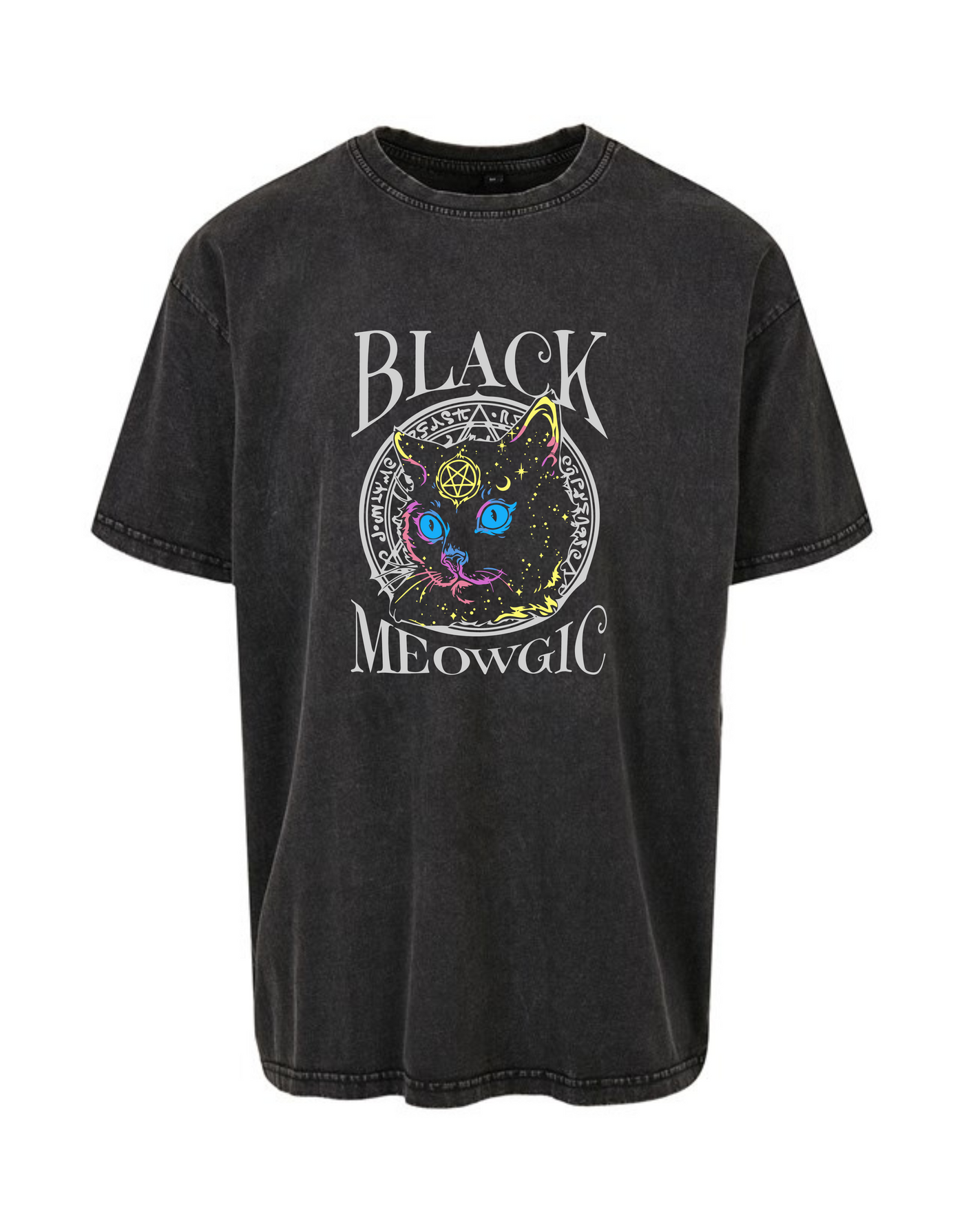 Black "Black Meowgic" Unisex Acid Wash T-Shirt