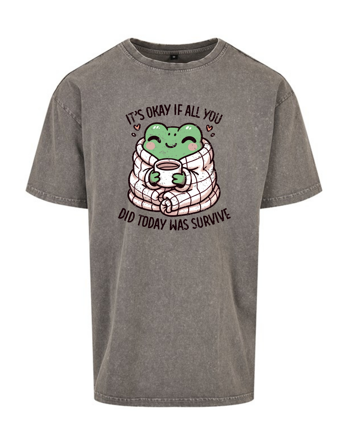 Charcoal "It's Okay" Frog Unisex Acid Wash T-Shirt