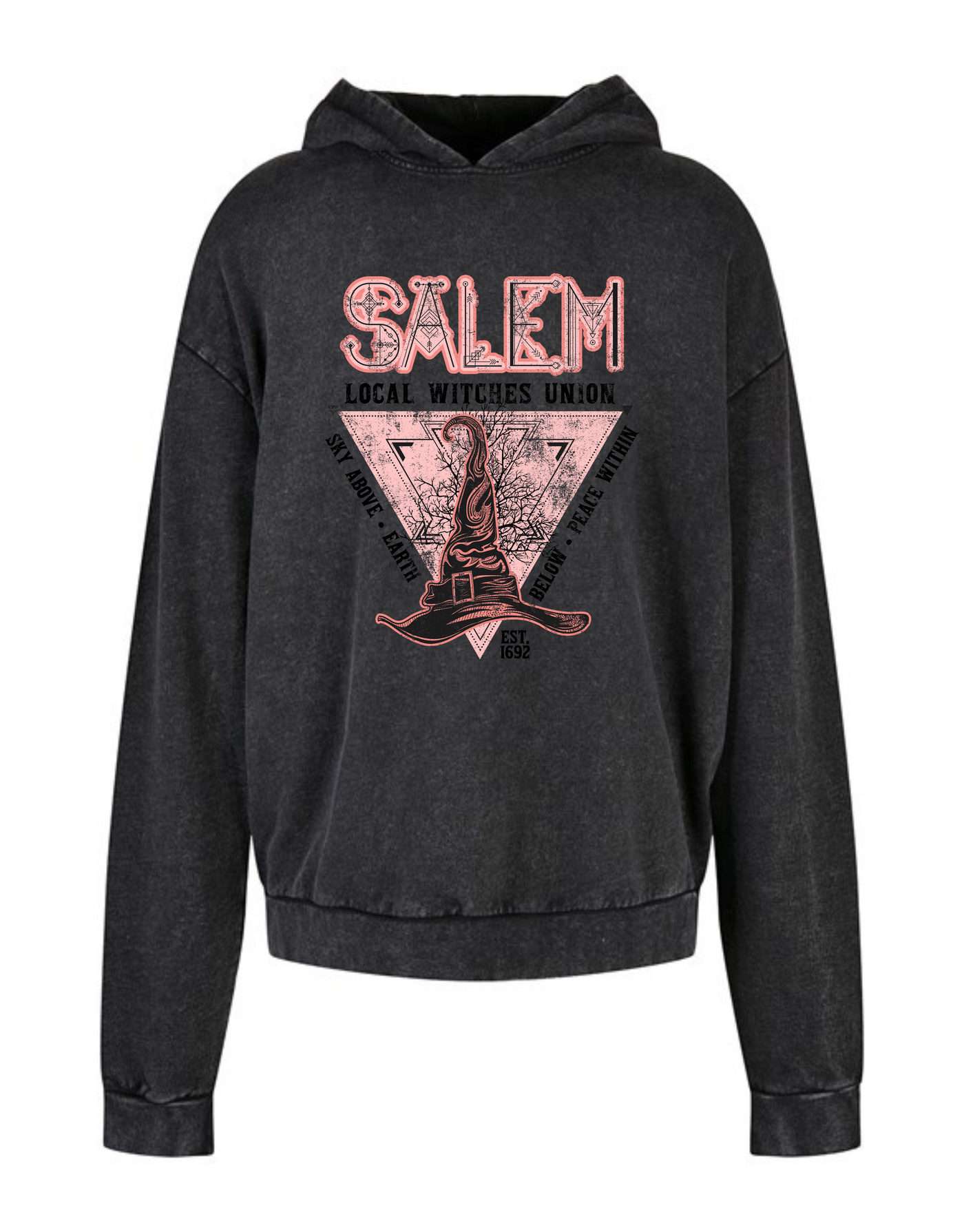 Black "Salem Union" Acid Wash Oversized Hoodie