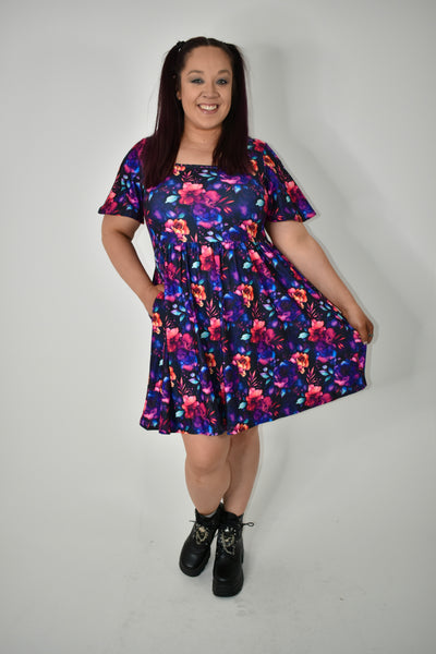 Dark Floral Angel Sleeve Skater Dress