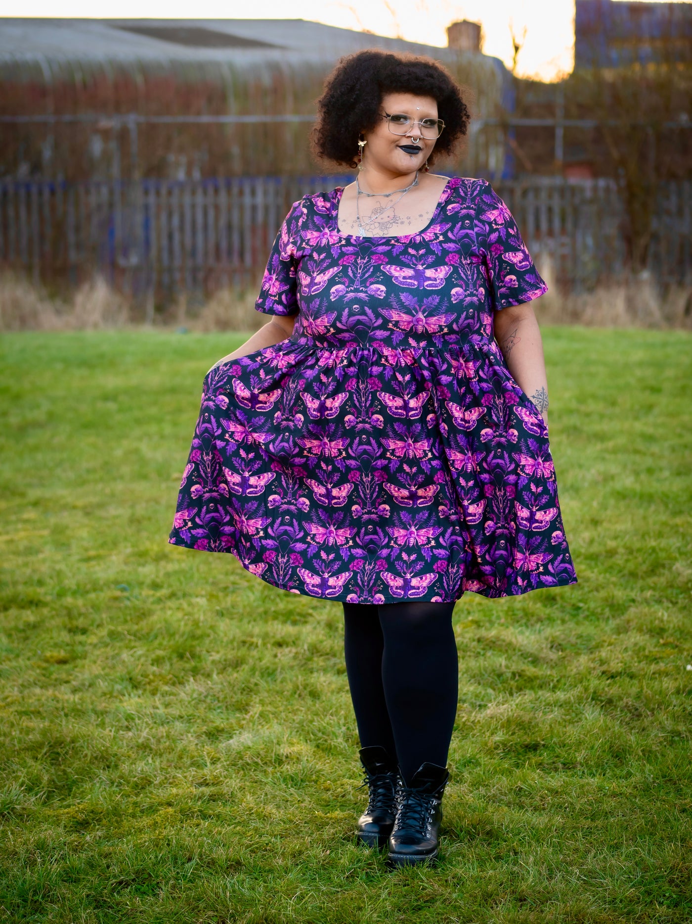 Magenta Moths Angel Sleeve Skater Dress