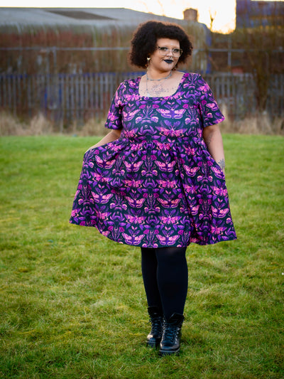 Magenta Moths Angel Sleeve Skater Dress