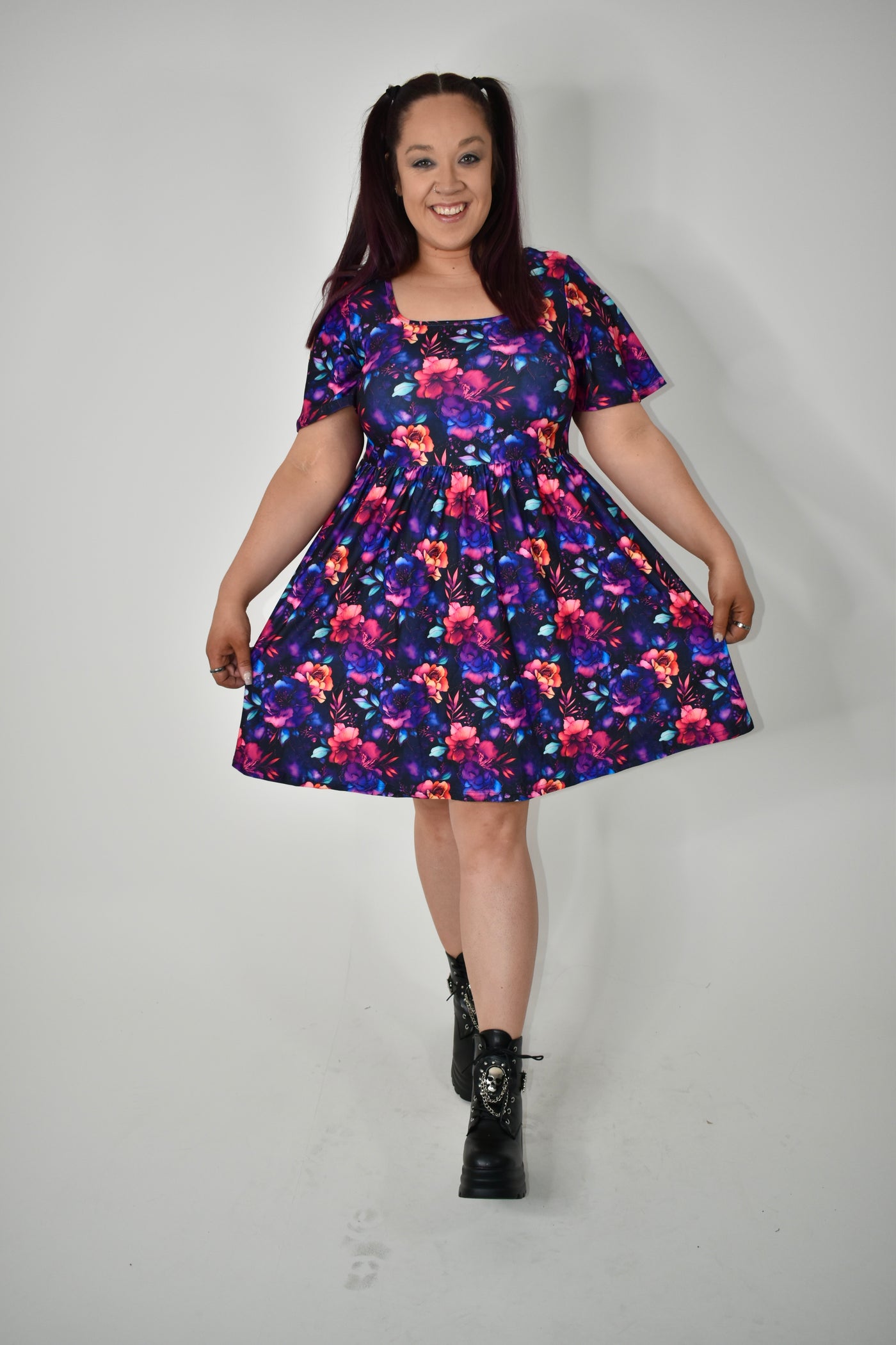 Dark Floral Angel Sleeve Skater Dress