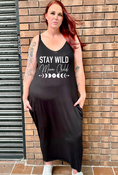 Black "Stay Wild" Printed Maxi Camisole Dress