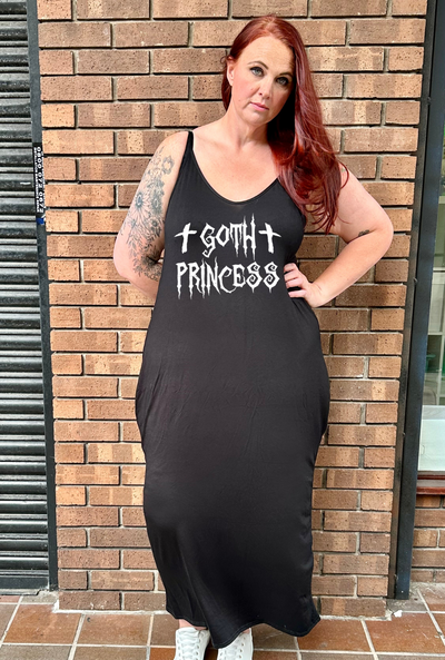 Black "Goth Princess" Printed Maxi Camisole Dress