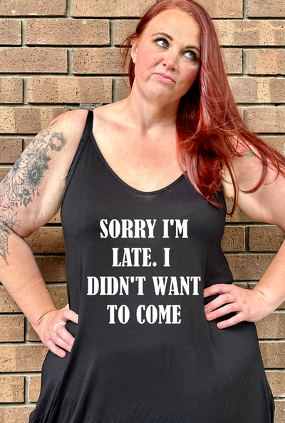 Black "Sorry I'm Late" Printed Maxi Camisole Dress