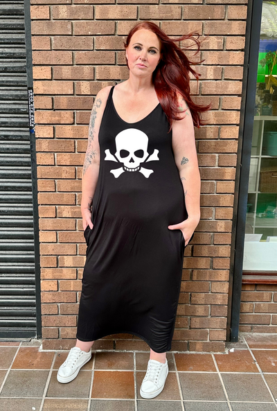 Black Skull & Crossbones Printed Maxi Camisole Dress