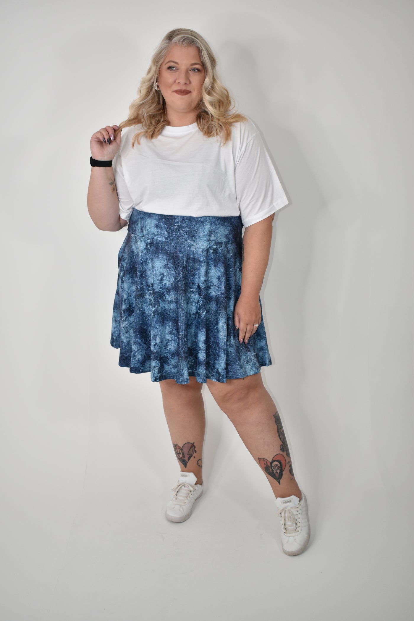 Stone-Washed Denim Look Pocket Skater Skirt