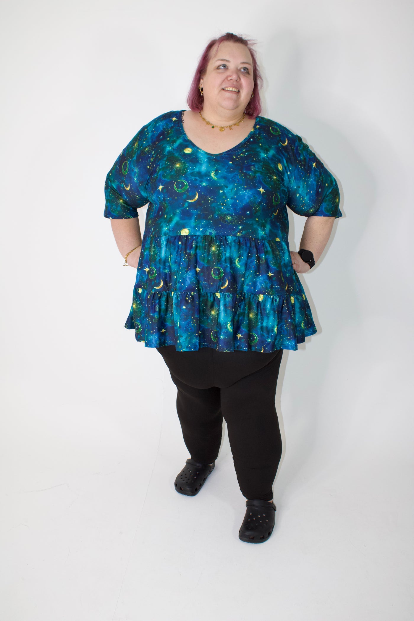 Tranquil Night V Neck Tiered Hem Top