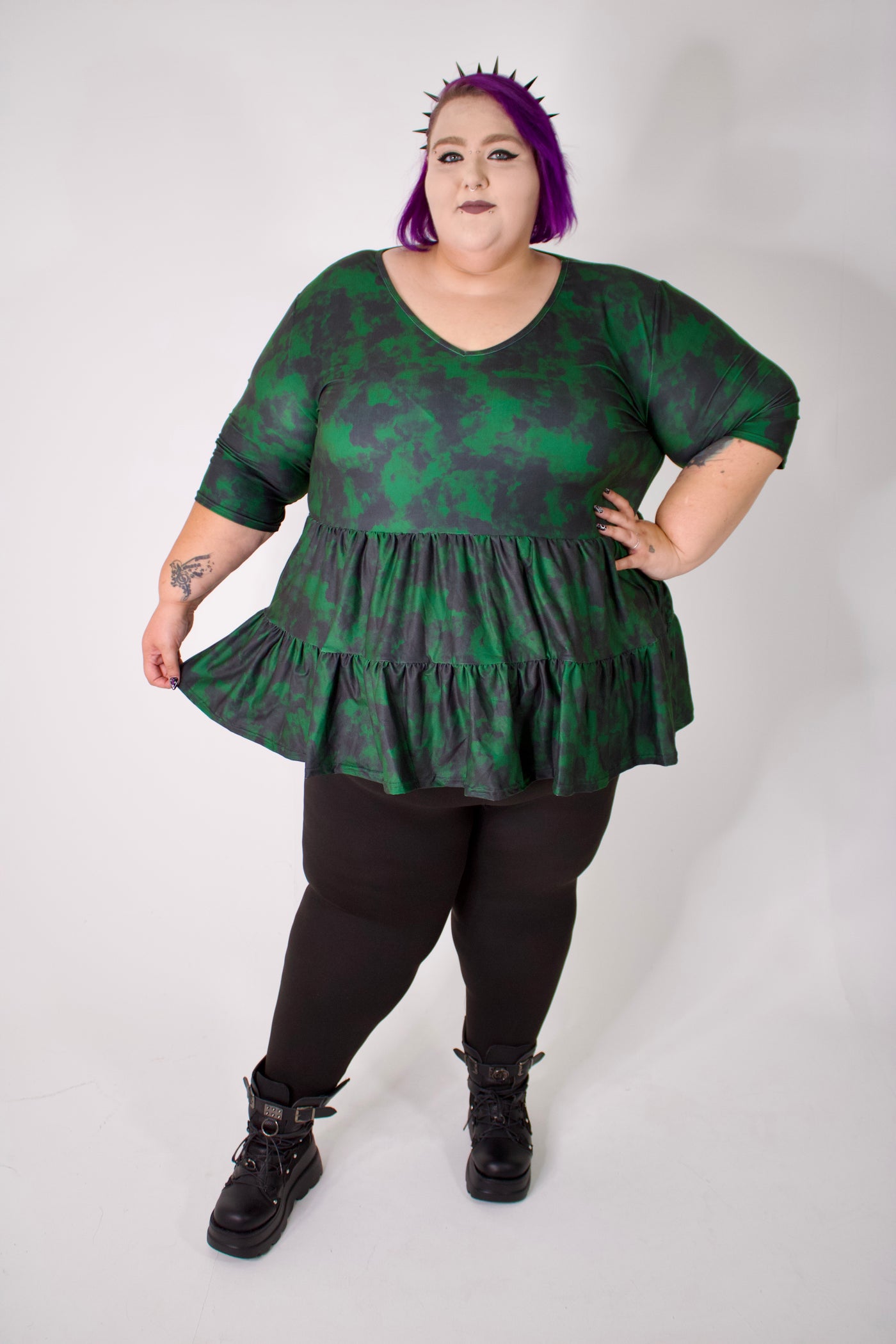 Green Smoke V Neck Tiered Hem Top