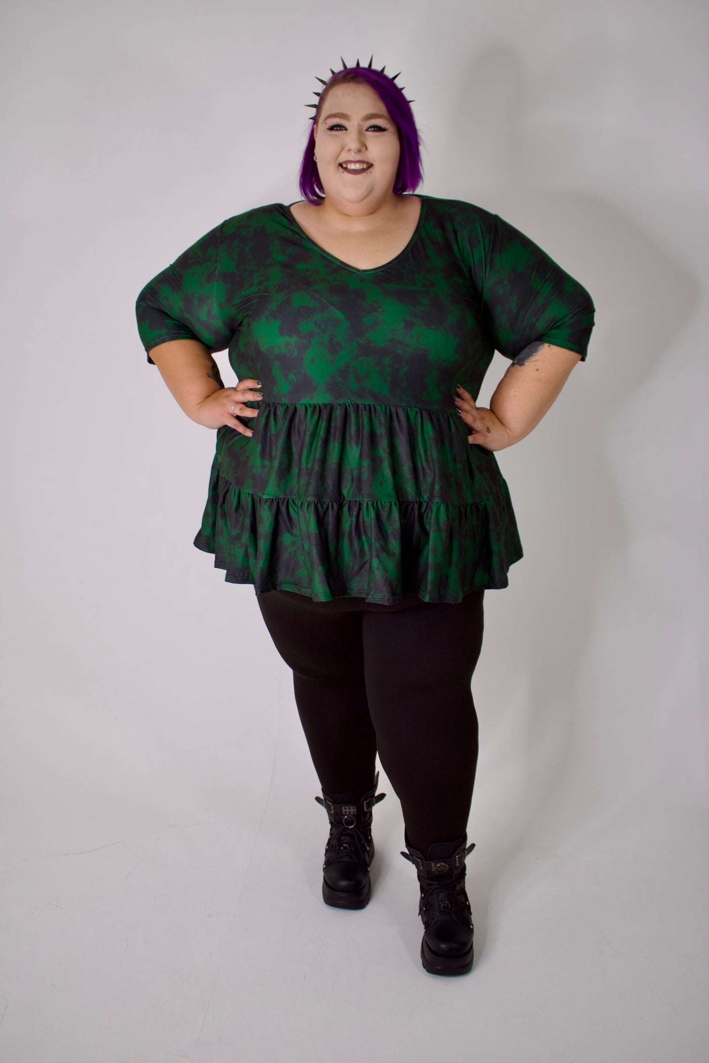 Green Smoke V Neck Tiered Hem Top