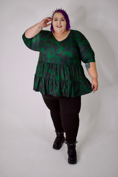 Green Smoke V Neck Tiered Hem Top