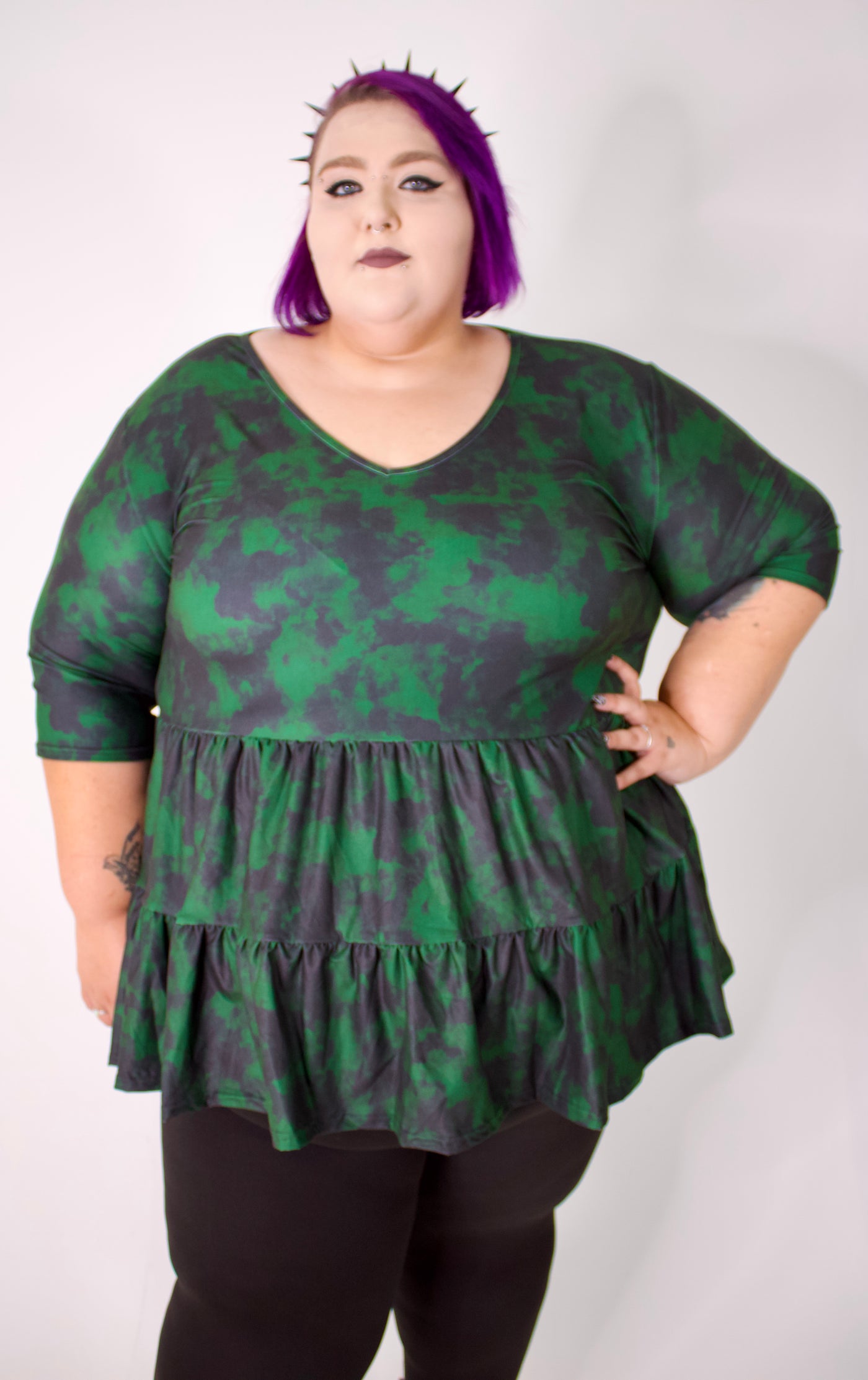 Green Smoke V Neck Tiered Hem Top