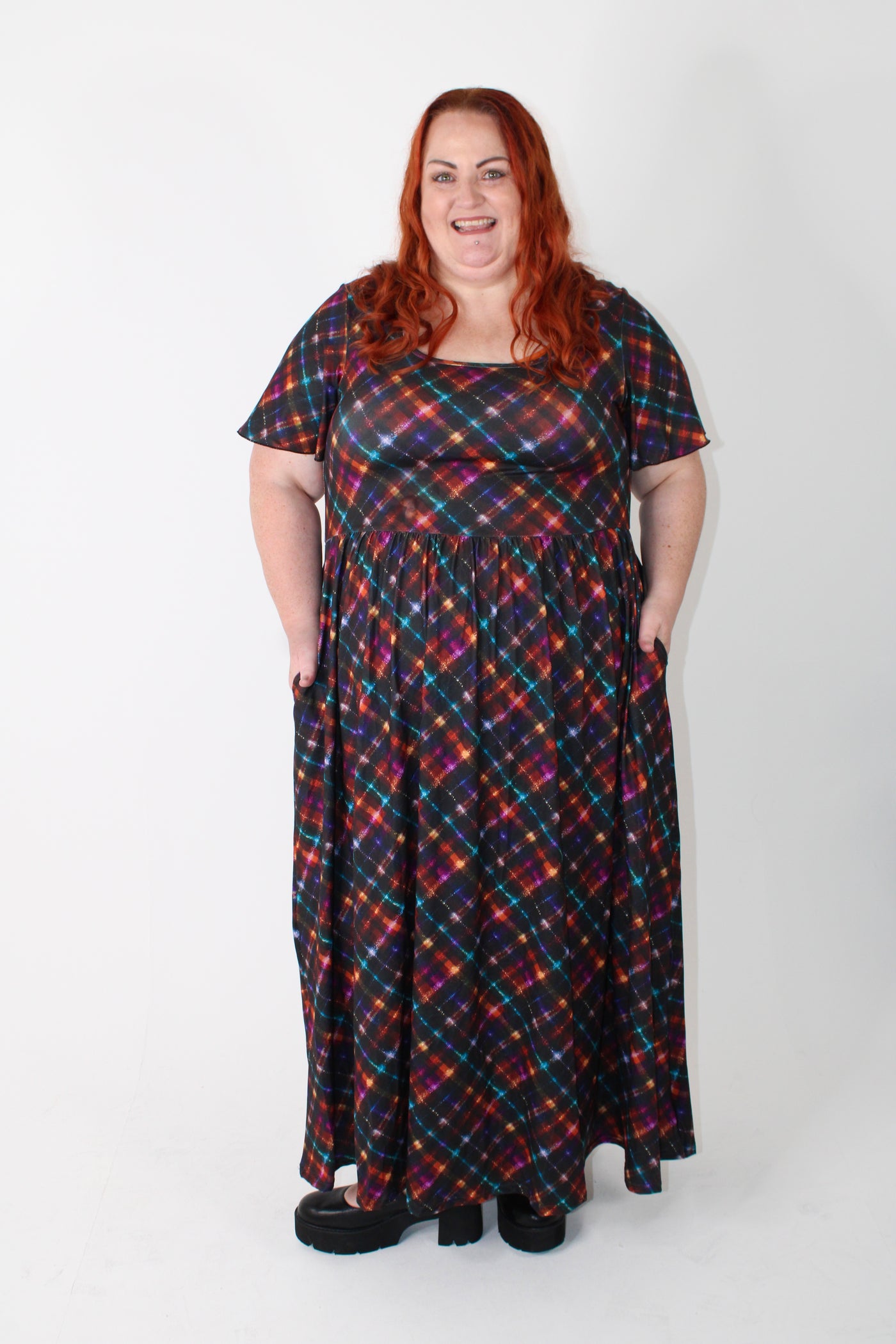 Glitter Gingham Angel Sleeve Pocket Maxi Dress