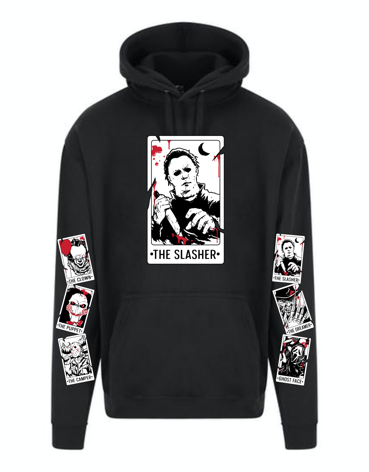 Sleeve Print "Pick Your Fave Horror Tarot" Longline Unisex Hoodie