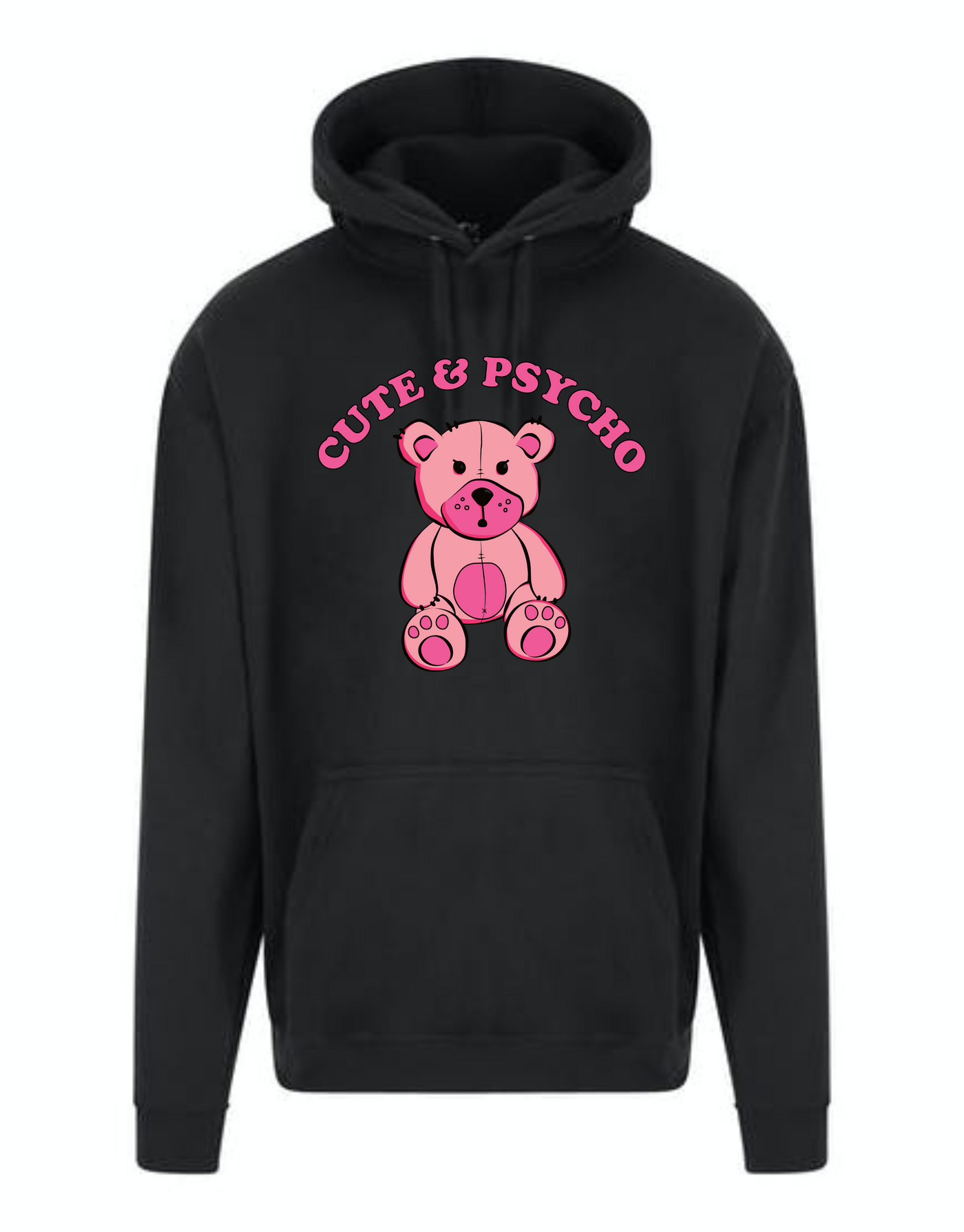 Black "Cute & Psycho" Bear Longline Unisex Hoodie