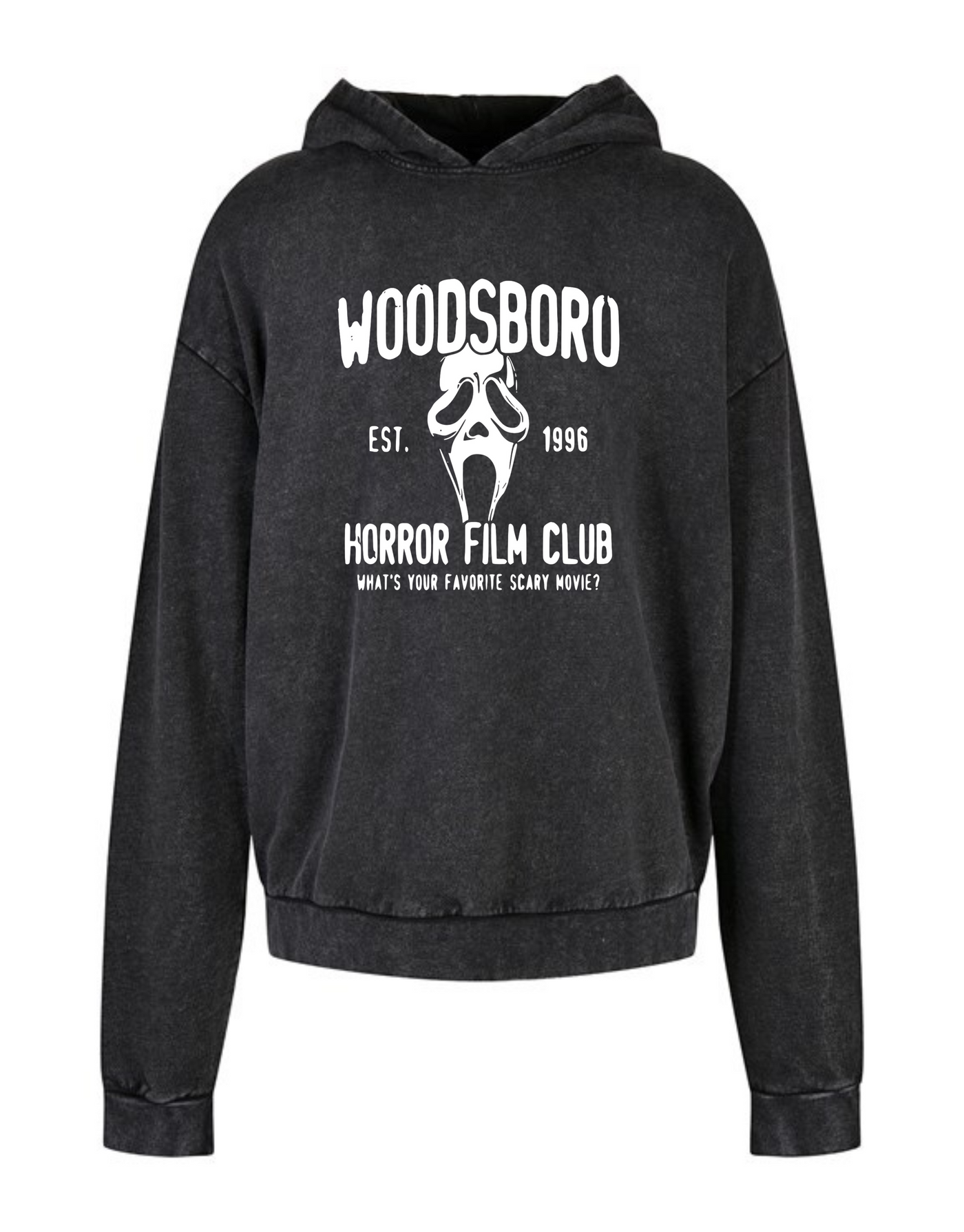 Black "Woodsboro" Acid Wash Oversized Hoodie