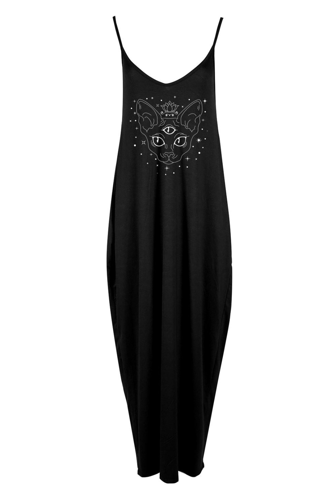 Black Celestial Cat Printed Maxi Camisole Dress